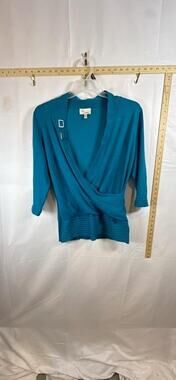 Vtg Allison Brittney Women XL Top Teal Blue Wrap Sweater Buckle 3/4 Sleeve Shirt